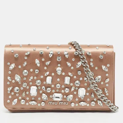 Pre-owned Miu Miu Beige Satin Crystals Embellished Chain Shoulder Bag In Sand