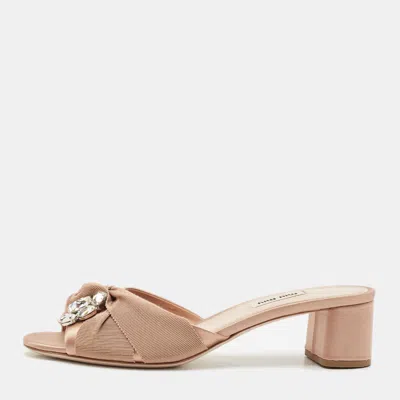 Pre-owned Miu Miu Beige Satin Crystals Knot Slide Sandals Size 39.5