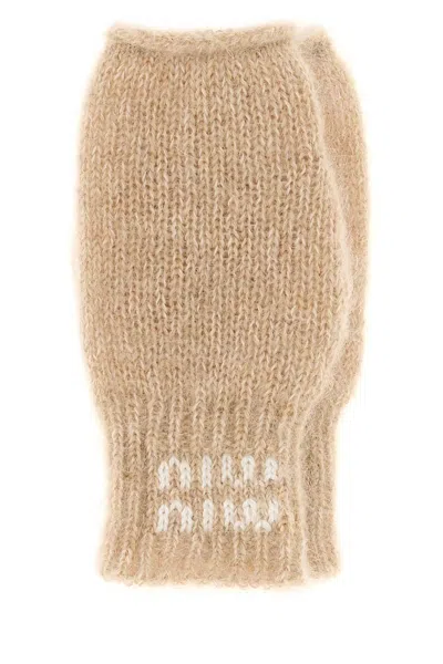 Miu Miu Beige Stretch Mohair Blend Gloves In Brown
