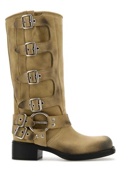 Miu Miu Beige Suede Boots In Ecru