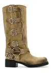 Miu Miu Suede Block Heel Mid-calf Boots With Buckle Straps In Brown