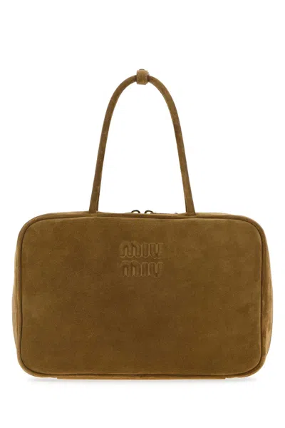 Miu Miu Beige Suede Handbag In Green