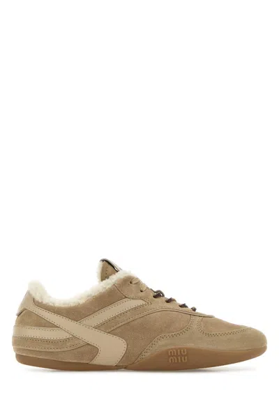 Miu Miu Suede Sneakers Featuring Contrast Panel Detail In Brown