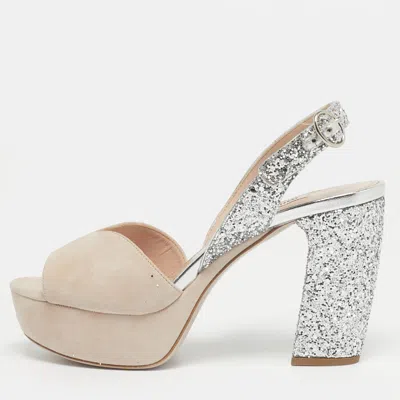 Pre-owned Miu Miu Beige/beige Glitter And Suede Ankle Strap Sandals Size 36