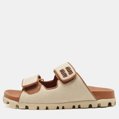 Pre-owned Miu Miu Beige/brown Canvas And Leather Neutral Mules Size 36.5