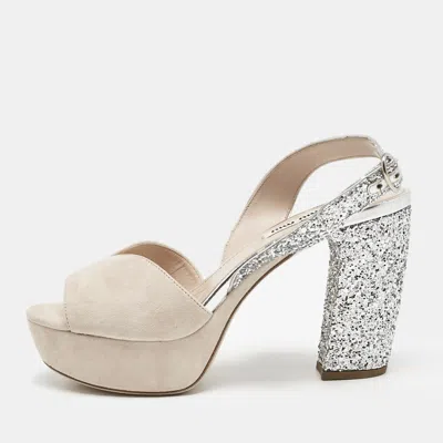 Pre-owned Miu Miu Beige/silver Leather And Suede Glitter Heel Sandals Size 36