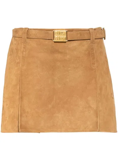 Miu Miu Low-rise Suede Miniskirt In Brown