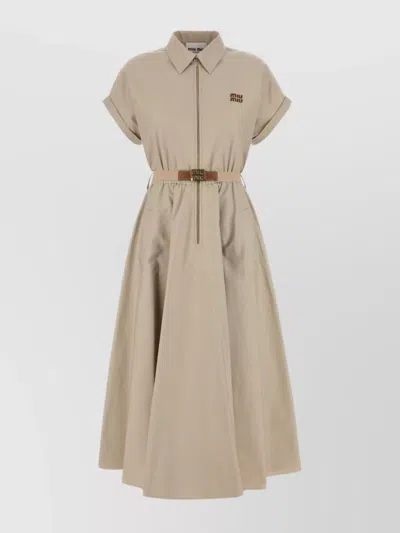 Miu Miu Belted Waist Shirt Dress With Short Sleeves In Neutral