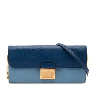 Pre-owned Miu Miu Bicolor Goatskin Madras Wallet On Chain In Blue