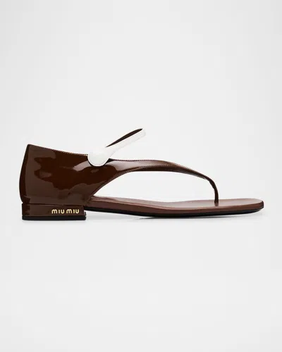 Miu Miu Two-tone Patent Leather Mary Jane Thong Sandals In Brown