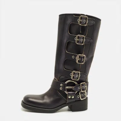 Pre-owned Miu Miu Biker Size 38 Black Leather Calf Length Boots