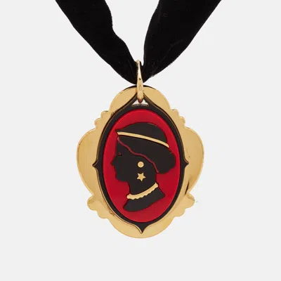 Pre-owned Miu Miu Blac Cameo Composite Velvet Gold Tone Necklace