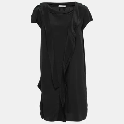 Pre-owned Miu Miu Black Crepe Tie Neck Ruffled Short Dress Xs