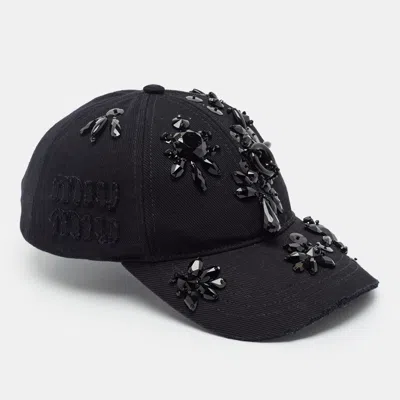 Pre-owned Miu Miu Black Embellished Denim Baseball Cap L