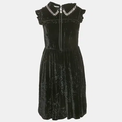 Pre-owned Miu Miu Black Embellished Velvet Ruffled Mini Dress S