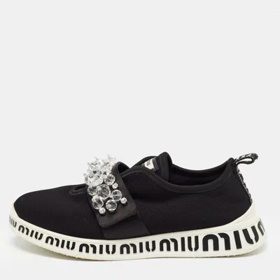 Pre-owned Miu Miu Black Fabric And Satin Crystal Embellished Slip On Sneakers Size 38.5