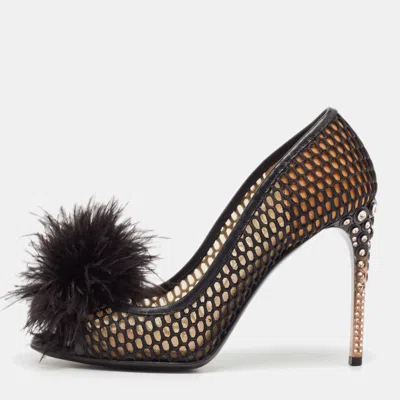 Pre-owned Miu Miu Black Feather And Leather Peep Toe Pumps Size 36.5