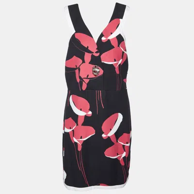 Pre-owned Miu Miu Black Floral Print Cady Turn Lock Detail Sleeveless Dress M