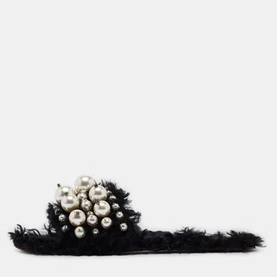 Pre-owned Miu Miu Black Fur Pearl Embellished Flat Slides Size 40