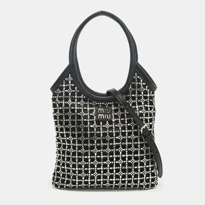 Pre-owned Miu Miu Black Leather And Satin Crystal Embellished Tote