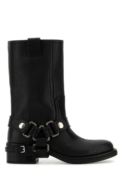 MIU MIU BLACK LEATHER ANKLE BOOTS