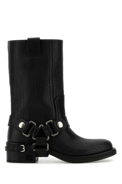 Miu Miu Leather Block Heel Ankle Boots In Black