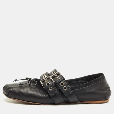 Pre-owned Miu Miu Black Leather Ankle Wrap Ballet Flats Size 39.5