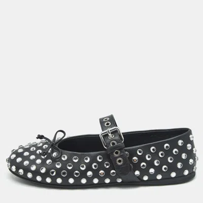 Pre-owned Miu Miu Black Leather Crystal Embellished Ballet Flats Size 37.5