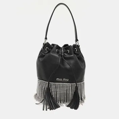 Pre-owned Miu Miu Black Leather Crystal Fringe Drawstring Bucket Bag