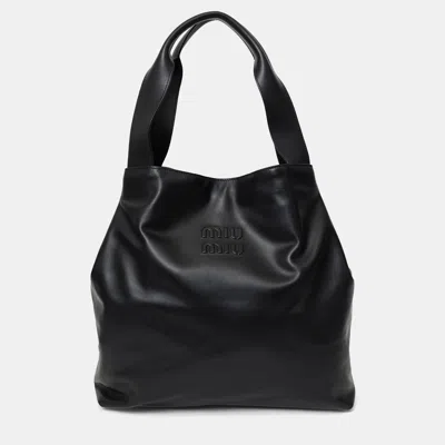 Pre-owned Miu Miu Black Leather Embossed-logo Tote Bag
