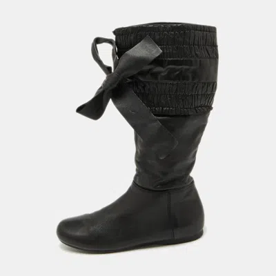 Pre-owned Miu Miu Black Leather Gathered Bow Calf Length Boots Size 37