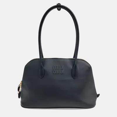 Pre-owned Miu Miu Black Leather Logo Embossed Top Handle Tote Bag Small