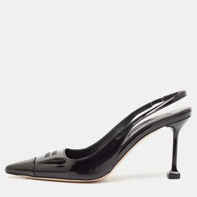 Pre-owned Miu Miu Black Leather Logo Pointed Cap Toe Slingback Pumps Size 37.5