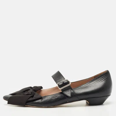 Pre-owned Miu Miu Black Leather Mary Jane Bow Ballet Flats Size 40