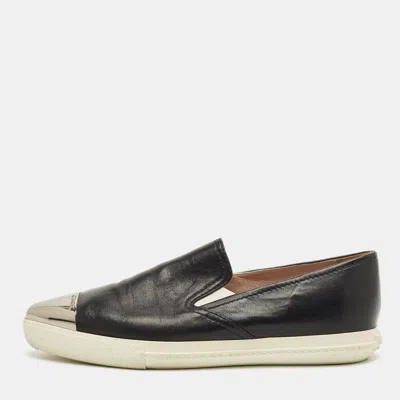 Pre-owned Miu Miu Black Leather Metal Cap Toe Slip On Sneakers Size 36