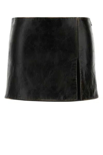 Miu Miu Leather Mini Skirt Front Slit Detail In Black