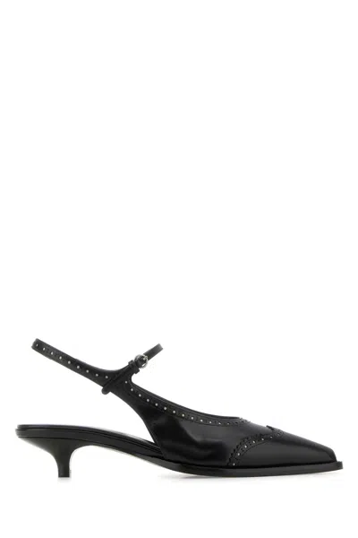 Miu Miu Women Leather Brogue Slingback T-strap Pumps In Black