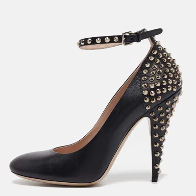 Pre-owned Miu Miu Black Leather Studded Ankle Strap Pumps Size 40