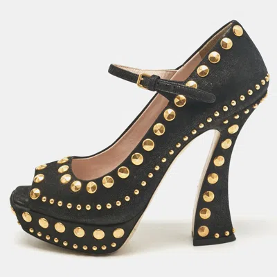 Pre-owned Miu Miu Black Leather Studded Open Toe Platform Mary Jane Pumps Size 38.5