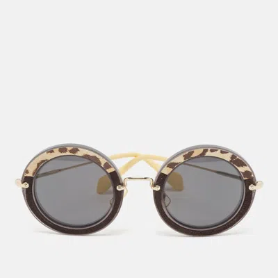 Pre-owned Miu Miu Black Leopard Print Suede Smu08r Round Sunglasses
