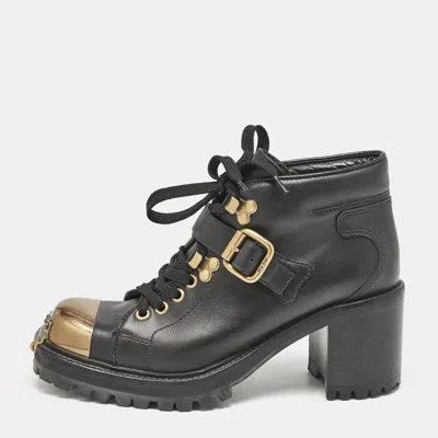 Pre-owned Miu Miu Black Llather Block Heel Ankle Combat Boots Size 36