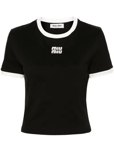 Miu Miu Cropped-t-shirt Mit Logo-patch In Schwarz