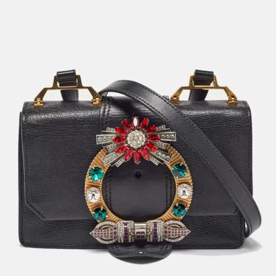 Pre-owned Miu Miu Black Madras Leather Crystal Embellished Buckle Flap Shoulder Bag