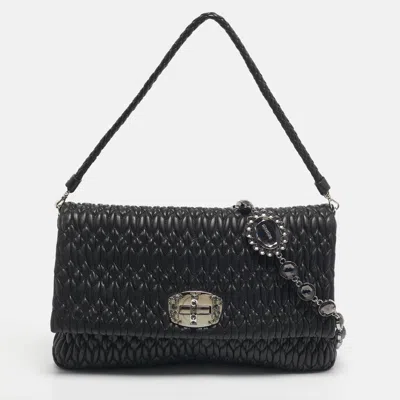 Pre-owned Miu Miu Black Matelassé Leather Crystals Chain Shoulder Bag