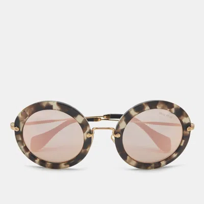 Pre-owned Miu Miu Black Mirrored Smu 13n Round Sunglasses In Sand