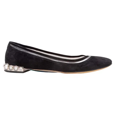 Pre-owned Miu Miu Black  Suede Crystal-embellished Ballet Flats
