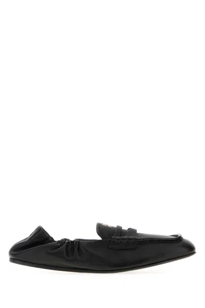 MIU MIU BLACK NAPPA LEATHER RUCHES LOAFERS