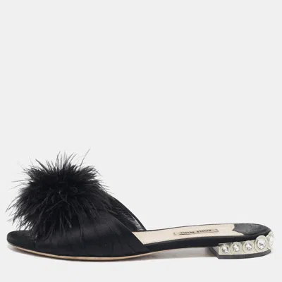 Pre-owned Miu Miu Black Ostrich Feather And Satin Crystals Embellished Slide Flats Size 38.5