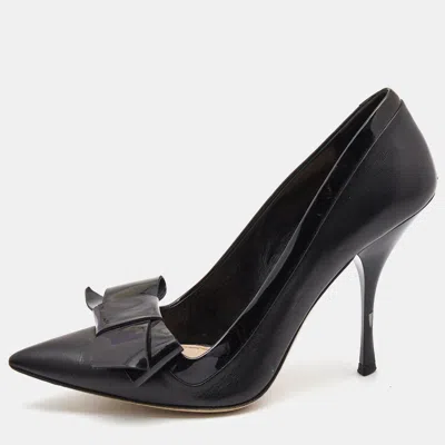 Pre-owned Miu Miu Black Patent And Leather Bow Pointed Toe Pumps Size 37