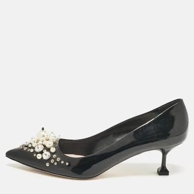 Pre-owned Miu Miu Black Patent Crystal And Pearl Embellished Pointed Toe Pumps Size 39